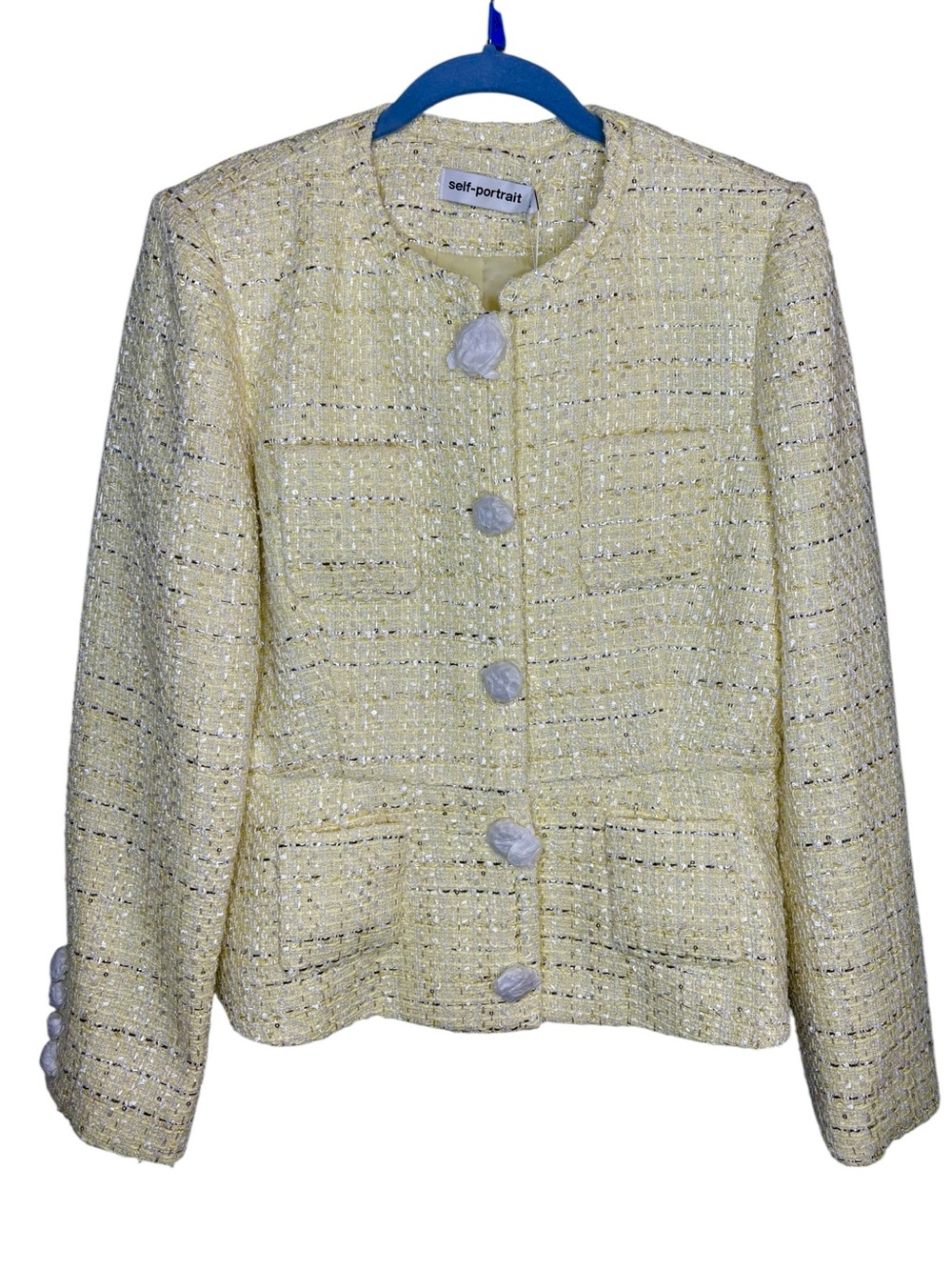 Self-Portrait lady jacket tweed boucle Yellow Tweed Collarless coat NWT size 10 - Picture 2 of 11